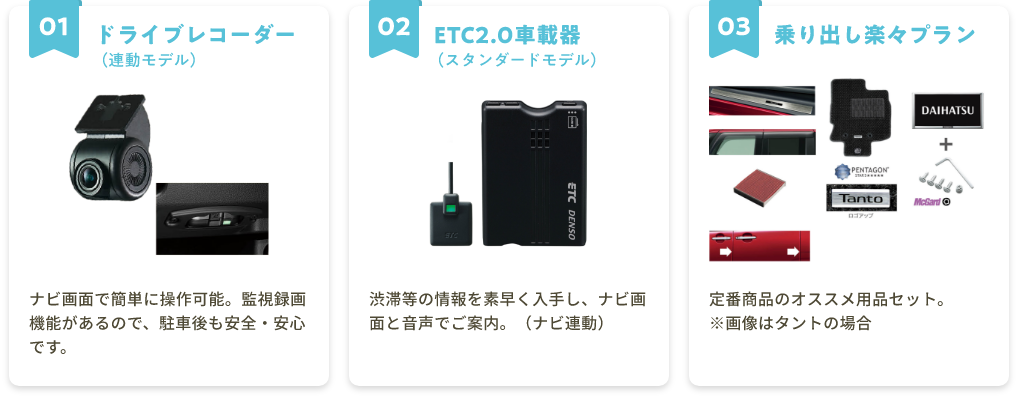 01ドライブレコーダー（連動モデル） 02 ETC2.0車載器（スタンダードモデル） 03乗り出し楽々プラン